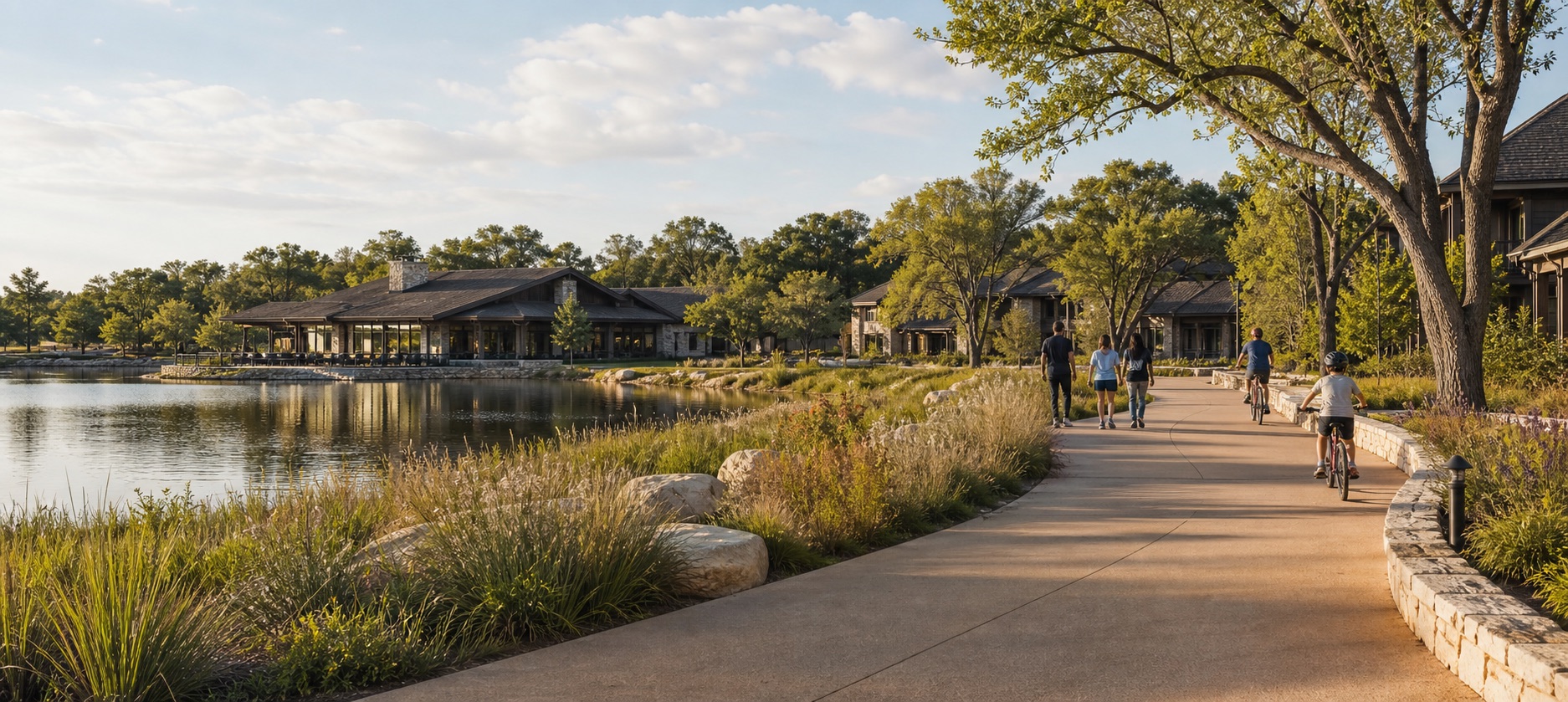 Residents walking and cycling beside a lake and community clubhouse